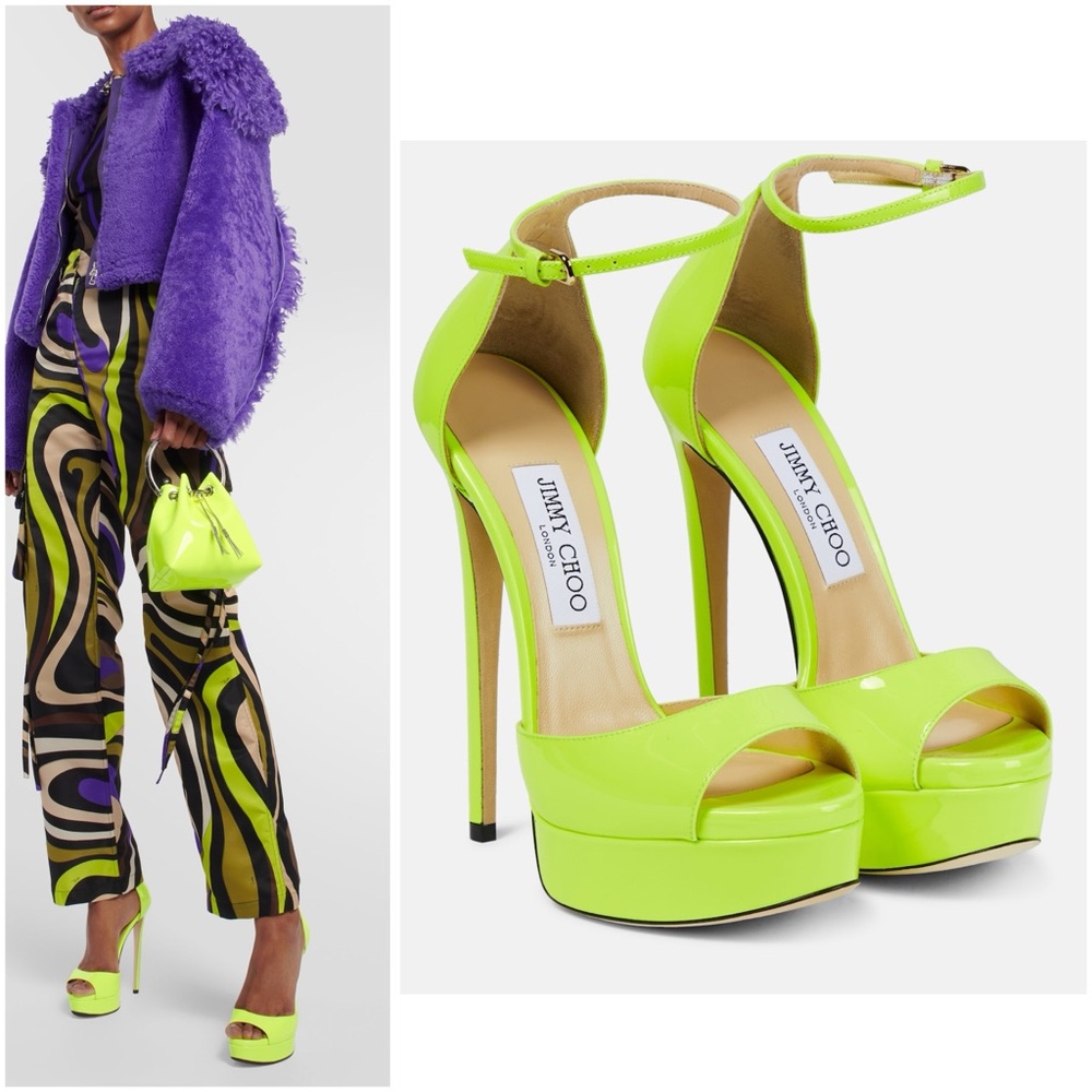 Like New JIMMY CHOO Max 150 patent leather platform neon yellow sandals 38 $1095